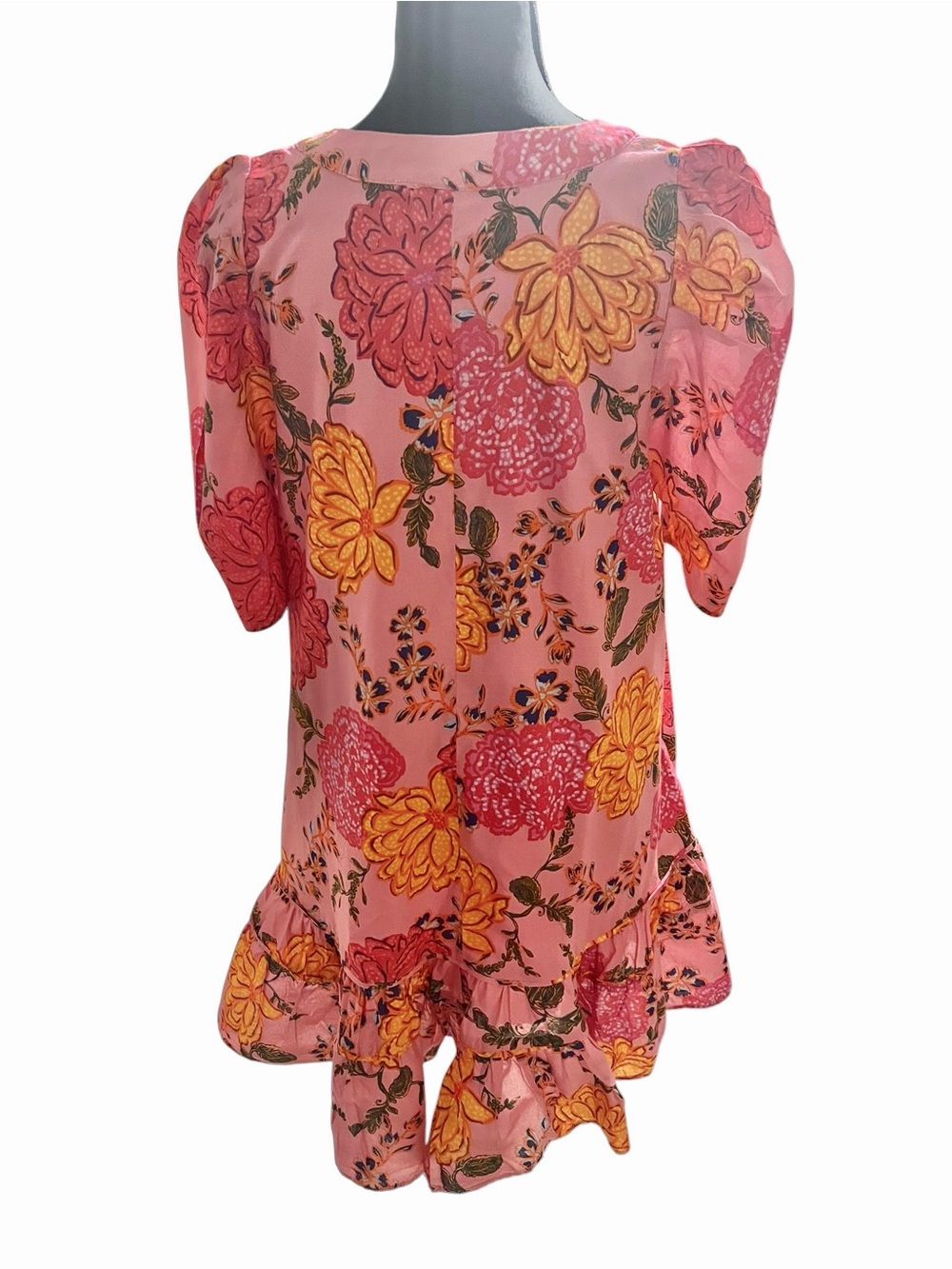 Karlie Pink Floral V-Neck Tiered Mini Dress with Puff Sleeves Size Medium - Picture 3 of 6